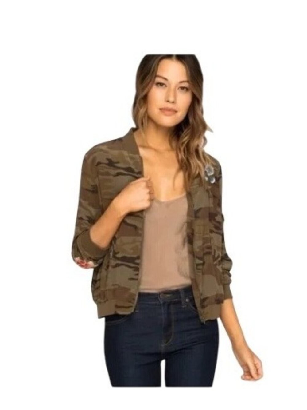 Johnny Was Forest Silk Camo Embroidered Floral Birds Bomber Jacket Womens Medium